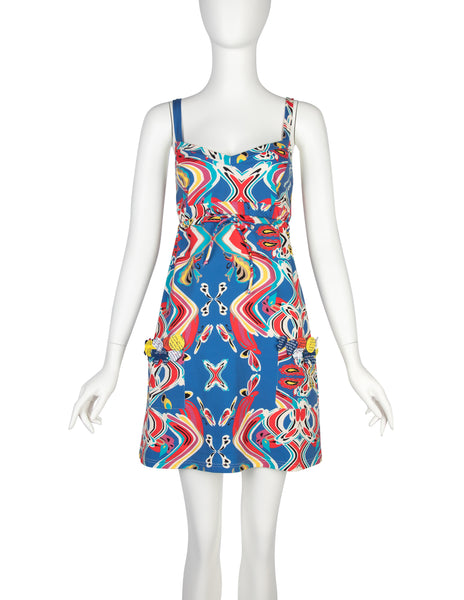 John Galliano Vintage Blue Multicolor Print Mini Dress