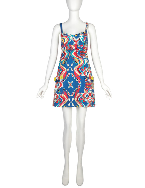 John Galliano Vintage Blue Multicolor Print Mini Dress