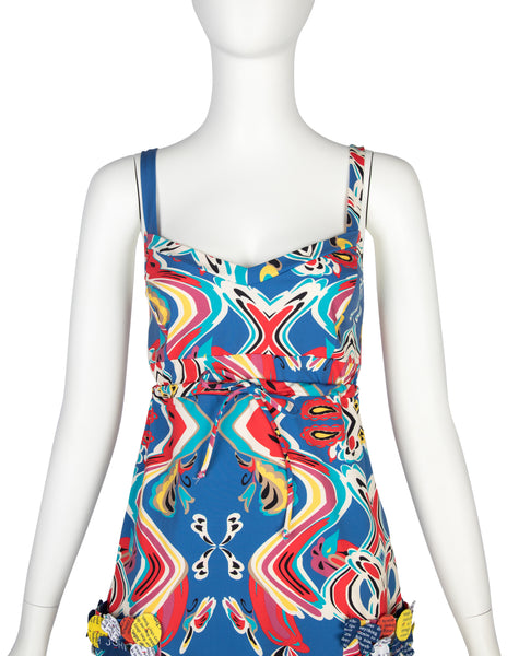 John Galliano Vintage Blue Multicolor Print Mini Dress