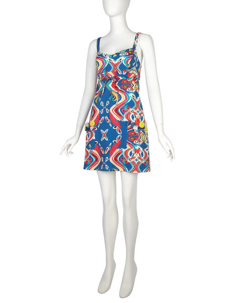 John Galliano Vintage Blue Multicolor Print Mini Dress