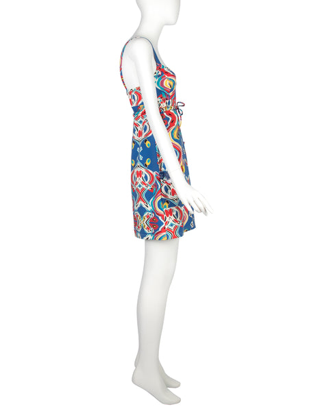 John Galliano Vintage Blue Multicolor Print Mini Dress