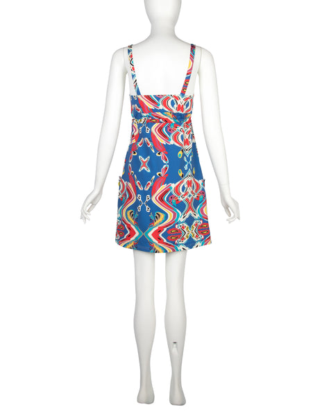 John Galliano Vintage Blue Multicolor Print Mini Dress