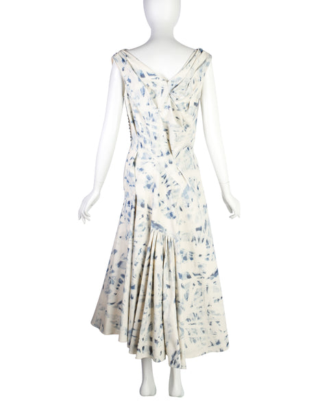 John Galliano Vintage AW 2002 Blue Ivory Acid Wash Draped Denim Dress