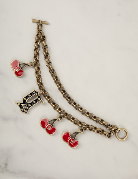 John Galliano Vintage Enamel Cherry and Logo Brass Chain Bracelet