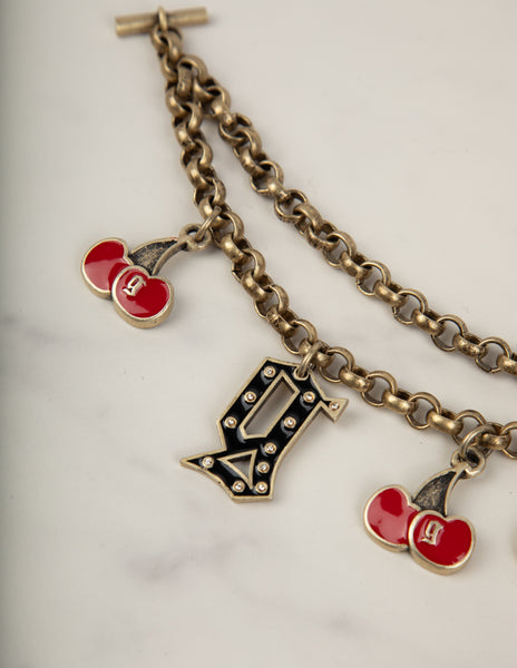 John Galliano Vintage Enamel Cherry and Logo Brass Chain Bracelet