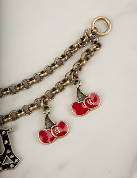 John Galliano Vintage Enamel Cherry and Logo Brass Chain Bracelet