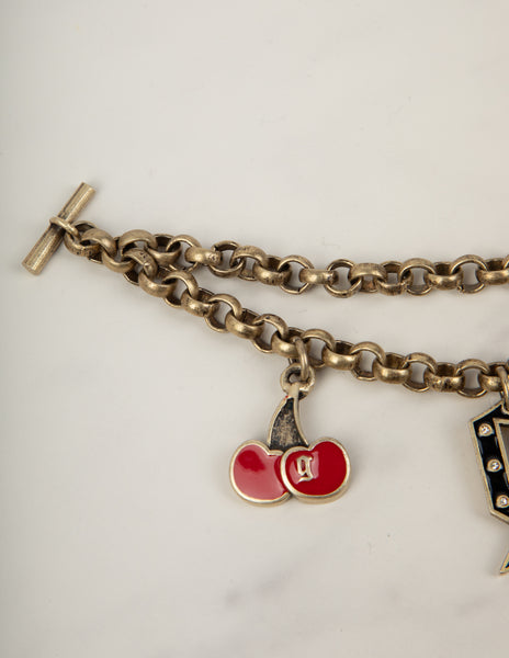John Galliano Vintage Enamel Cherry and Logo Brass Chain Bracelet