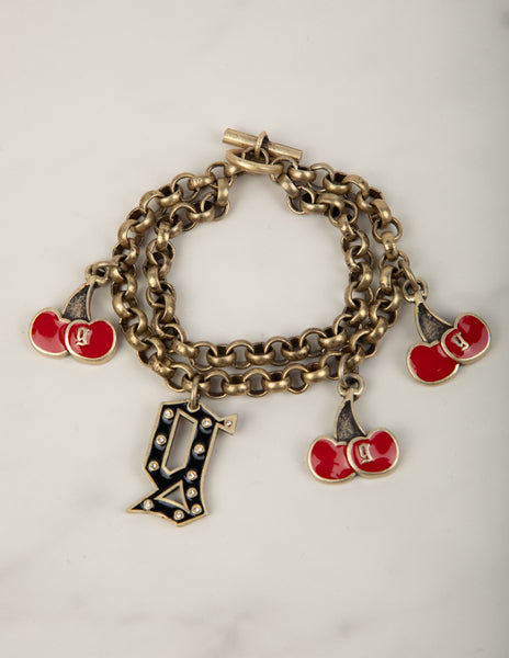 John Galliano Vintage Enamel Cherry and Logo Brass Chain Bracelet