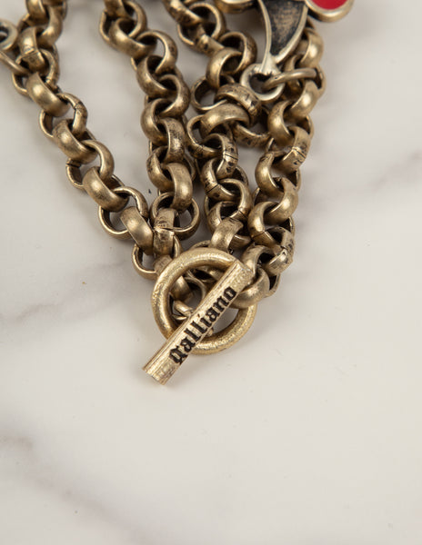 John Galliano Vintage Enamel Cherry and Logo Brass Chain Bracelet