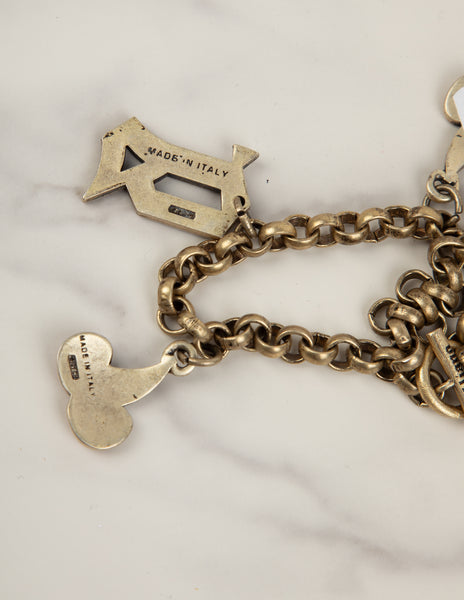 John Galliano Vintage Enamel Cherry and Logo Brass Chain Bracelet