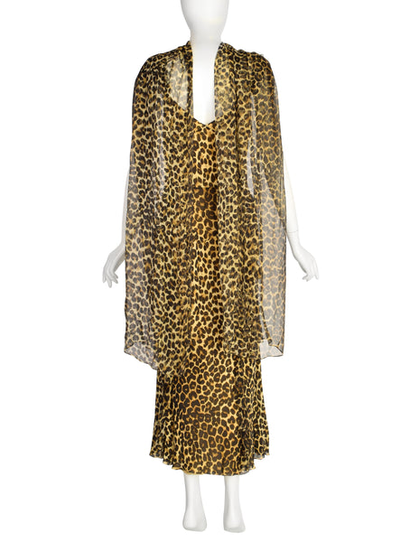 John Galliano Vintage AW2002 Leopard Print Silk Chiffon Ruffle Bias Gown with Matching Shawl