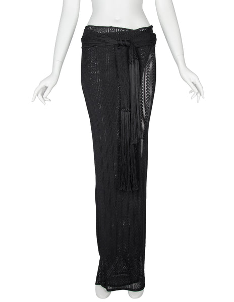 John Galliano Vintage SS 1998 Black Pointelle Knit Wrap Skirt with Fringe
