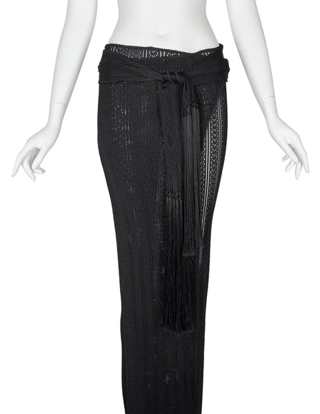 John Galliano Vintage SS 1998 Black Pointelle Knit Wrap Skirt with Fringe
