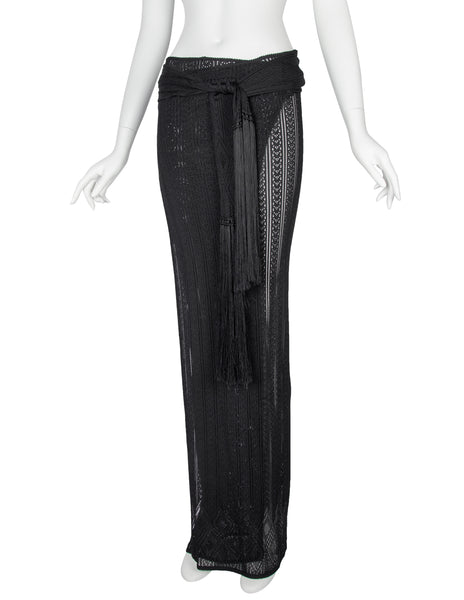 John Galliano Vintage SS 1998 Black Pointelle Knit Wrap Skirt with Fringe