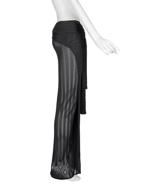 John Galliano Vintage SS 1998 Black Pointelle Knit Wrap Skirt with Fringe