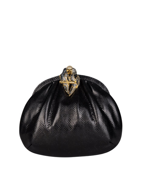 Judith Leiber Vintage Embellished Lovebirds Black Karung Skin Convertible Clutch Bag