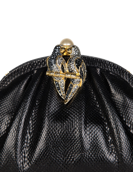 Judith Leiber Vintage Embellished Lovebirds Black Karung Skin Convertible Clutch Bag