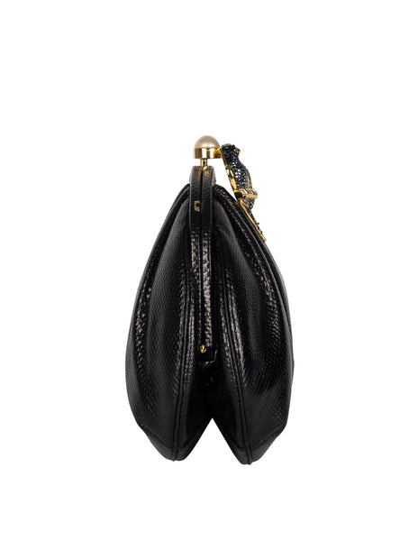 Judith Leiber Vintage Embellished Lovebirds Black Karung Skin Convertible Clutch Bag