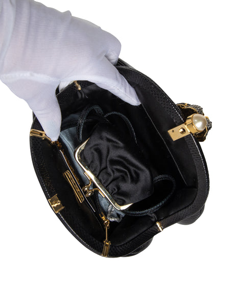 Judith Leiber Vintage Embellished Lovebirds Black Karung Skin Convertible Clutch Bag