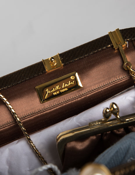 Judith Leiber Vintage Embellished Caterpillar Metallic Bronze Karung Skin Convertible Clutch Bag