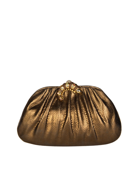 Judith Leiber Vintage Embellished Caterpillar Metallic Bronze Karung Skin Convertible Clutch Bag