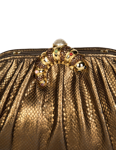 Judith Leiber Vintage Embellished Caterpillar Metallic Bronze Karung Skin Convertible Clutch Bag