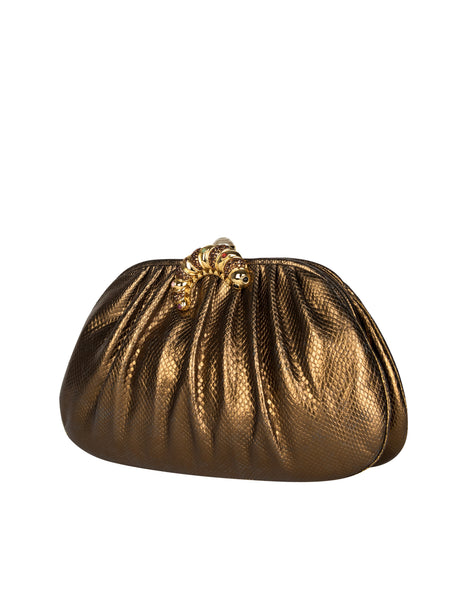 Judith Leiber Vintage Embellished Caterpillar Metallic Bronze Karung Skin Convertible Clutch Bag