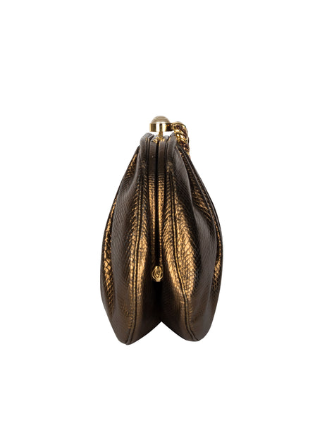 Judith Leiber Vintage Embellished Caterpillar Metallic Bronze Karung Skin Convertible Clutch Bag