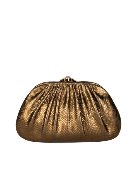 Judith Leiber Vintage Embellished Caterpillar Metallic Bronze Karung Skin Convertible Clutch Bag