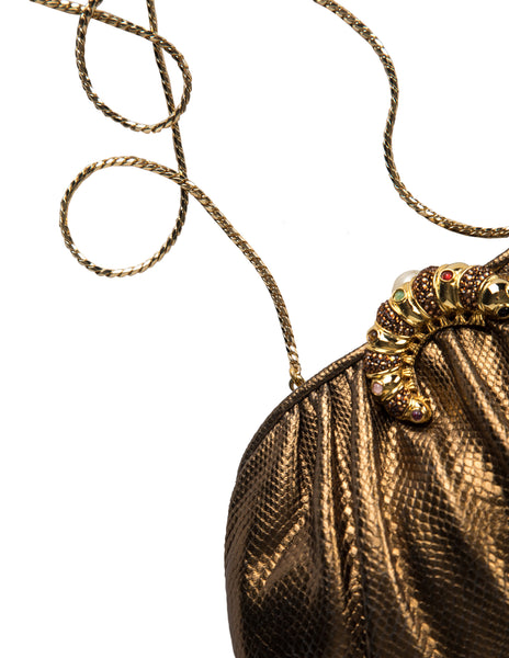 Judith Leiber Vintage Embellished Caterpillar Metallic Bronze Karung Skin Convertible Clutch Bag