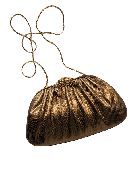 Judith Leiber Vintage Embellished Caterpillar Metallic Bronze Karung Skin Convertible Clutch Bag