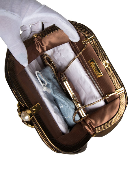 Judith Leiber Vintage Embellished Caterpillar Metallic Bronze Karung Skin Convertible Clutch Bag