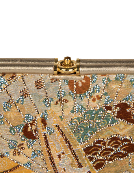 Judith Leiber Vintage Crystal Embellished Brocade Asian Inspired Convertible Clutch Bag
