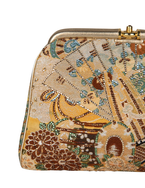 Judith Leiber Vintage Crystal Embellished Brocade Asian Inspired Convertible Clutch Bag