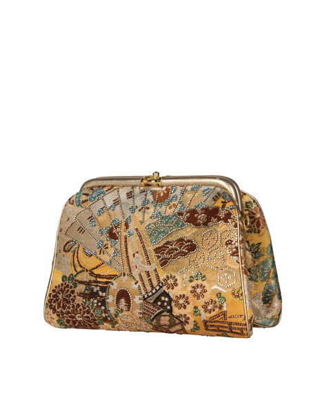 Judith Leiber Vintage Crystal Embellished Brocade Asian Inspired Convertible Clutch Bag