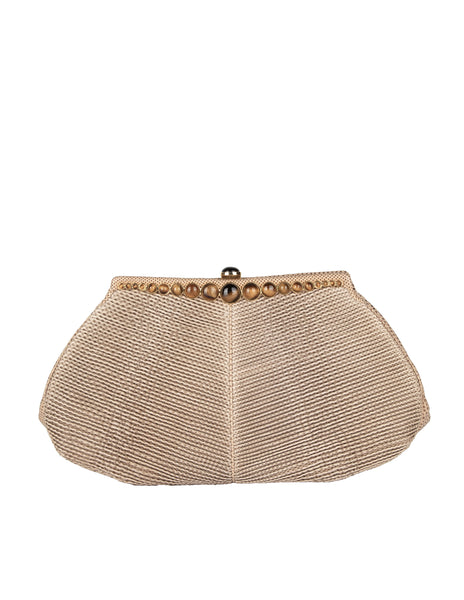 Judith Leiber Vintage Beige Pleated Lizard and Tiger's Eye Convertible Clutch Bag