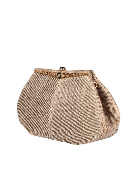 Judith Leiber Vintage Beige Pleated Lizard and Tiger's Eye Convertible Clutch Bag