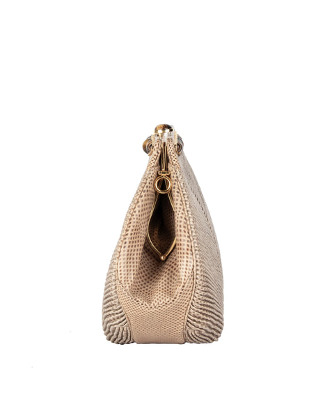Judith Leiber Vintage Beige Pleated Lizard and Tiger's Eye Convertible Clutch Bag