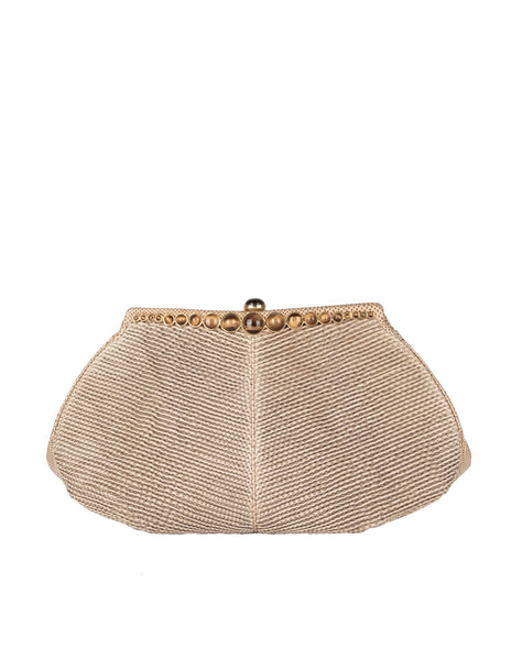 Judith Leiber Vintage Beige Pleated Lizard and Tiger's Eye Convertible Clutch Bag