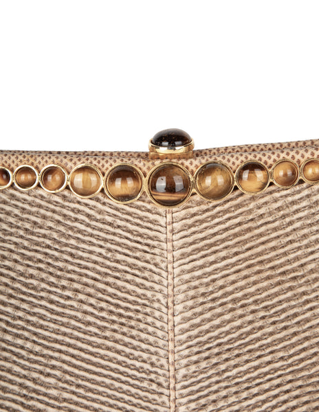 Judith Leiber Vintage Beige Pleated Lizard and Tiger's Eye Convertible Clutch Bag