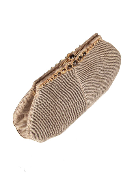 Judith Leiber Vintage Beige Pleated Lizard and Tiger's Eye Convertible Clutch Bag