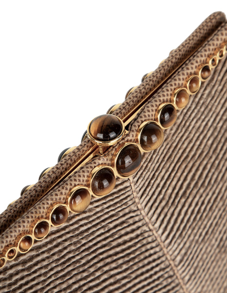 Judith Leiber Vintage Beige Pleated Lizard and Tiger's Eye Convertible Clutch Bag