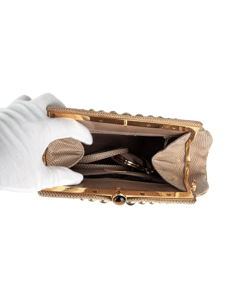 Judith Leiber Vintage Beige Pleated Lizard and Tiger's Eye Convertible Clutch Bag