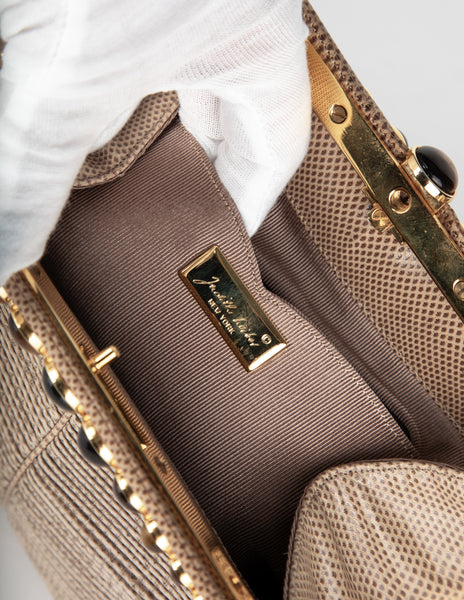 Judith Leiber Vintage Beige Pleated Lizard and Tiger's Eye Convertible Clutch Bag