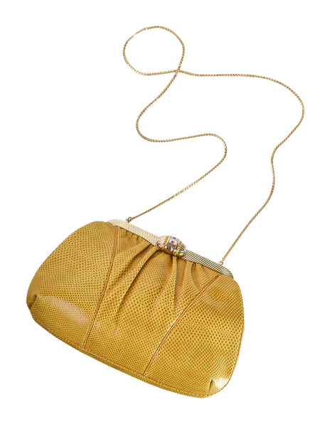 Judith Leiber Vintage Gathered Yellow Lizard Convertible Clutch Bag with Crossbody Chain Strap