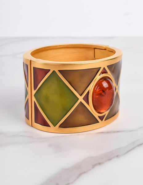 Karl Lagerfeld Vintage Harlequin Enamel Hinged Wide Bracelet
