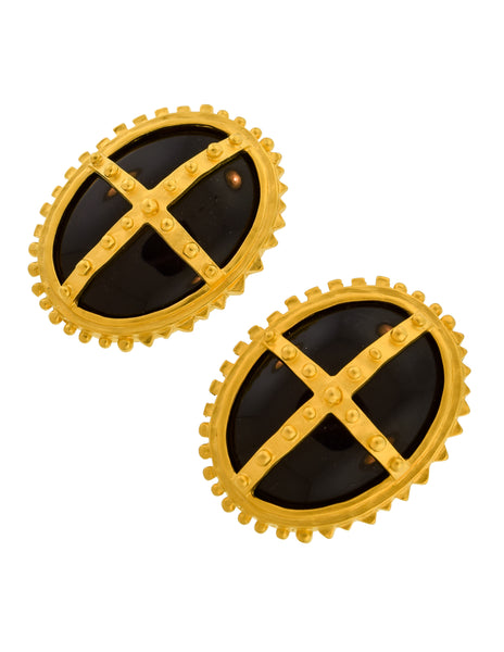 Karl Lagerfeld Vintage Massive Gold Bolted Framed Polished Black Cabochon Statement Earrings