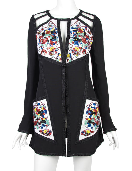 Karl Lagerfeld Vintage SS 1993 Beaded Cutout Black Longline Jacket