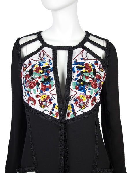 Karl Lagerfeld Vintage SS 1993 Beaded Cutout Black Longline Jacket