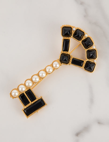 Karl Lagerfeld Vintage Pearl and Black Gem Gold Plated Key Brooch